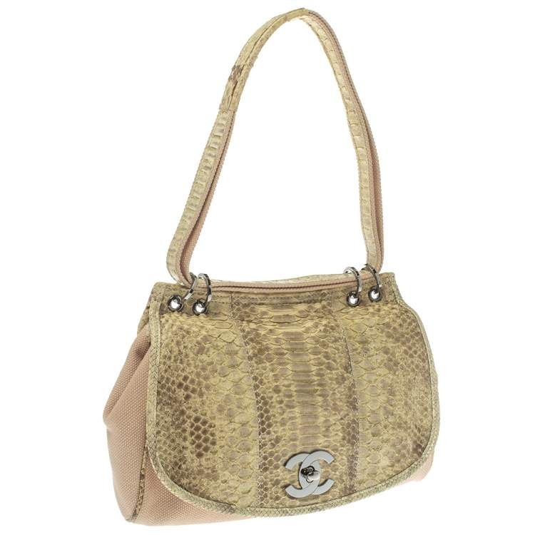 Pre Owned Chanel Cream Python and Canvas CC Flap Hobo