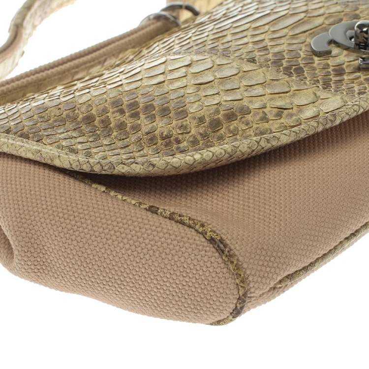 Pre Owned Chanel Cream Python and Canvas CC Flap Hobo