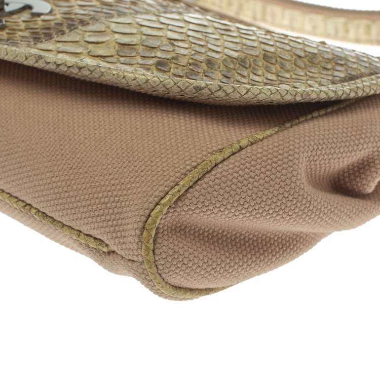 Pre Owned Chanel Cream Python and Canvas CC Flap Hobo