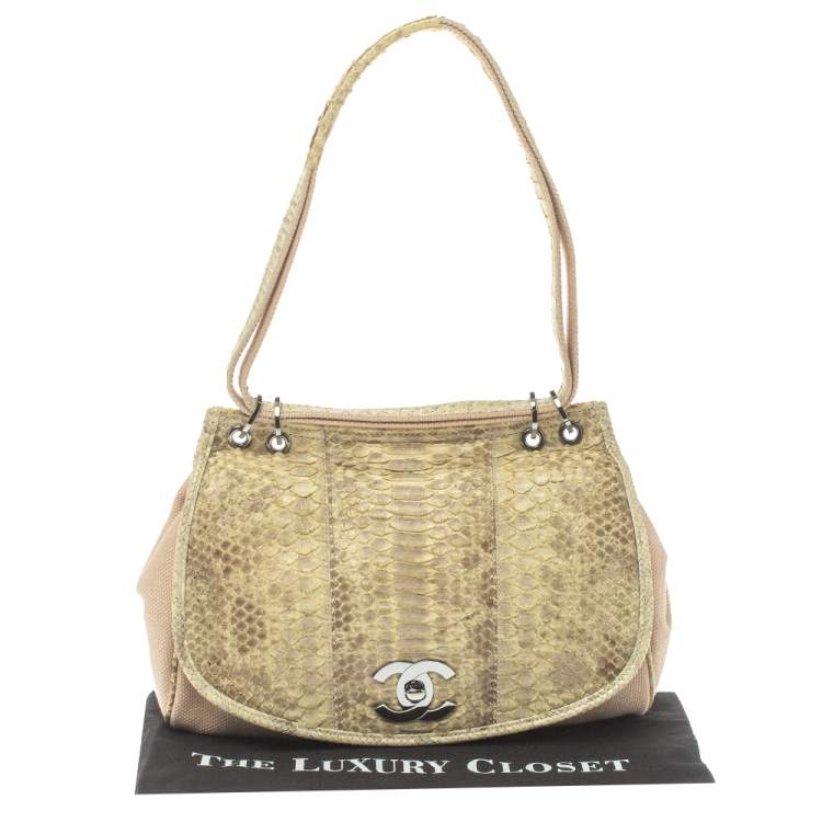 Pre Owned Chanel Cream Python and Canvas CC Flap Hobo