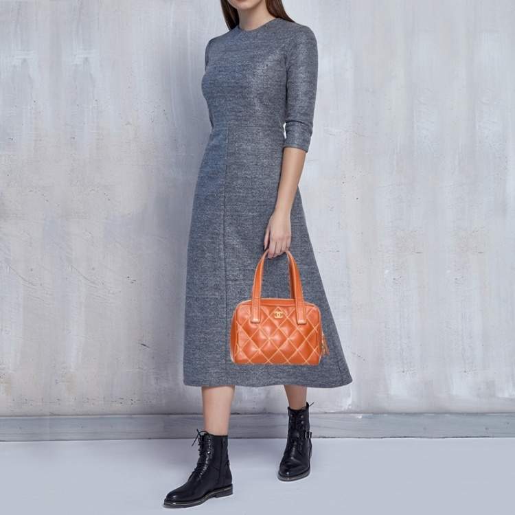 Chanel Orange Quilted Leather Wild Stitch Surpique Bowler Bag