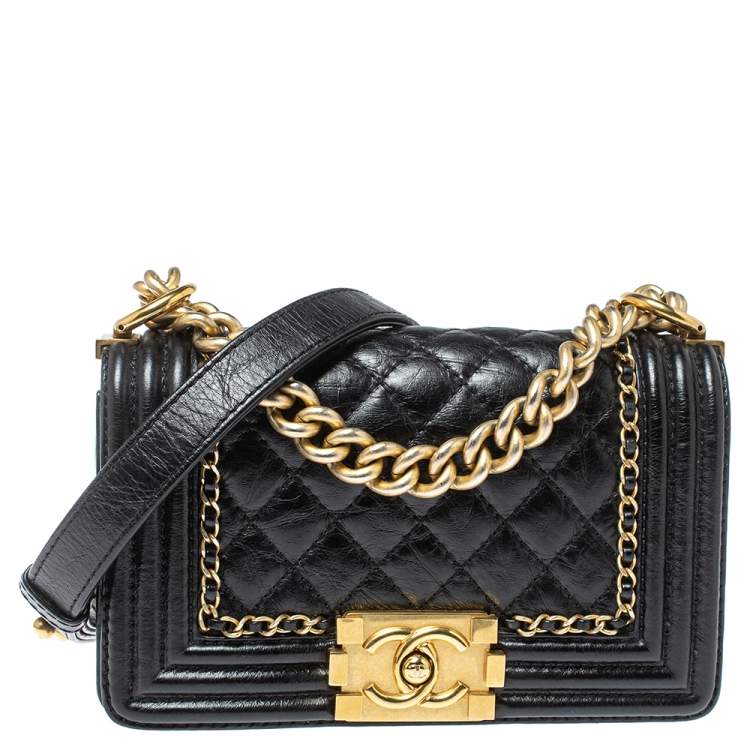Chanel Black Crinkled Leather Small Chain Boy Flap Bag Chanel