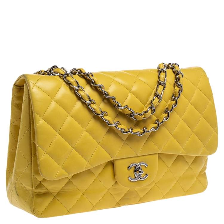 Pre Owned Chanel Yellow Quilted Leather Jumbo Classic Single Flap Bag