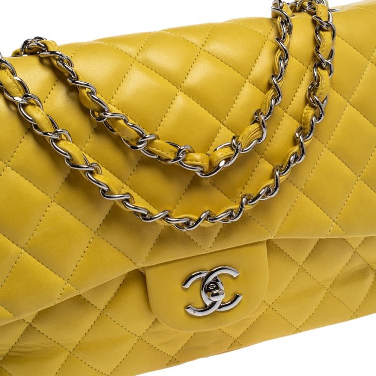 Pre Owned Chanel Yellow Quilted Leather Jumbo Classic Single Flap Bag