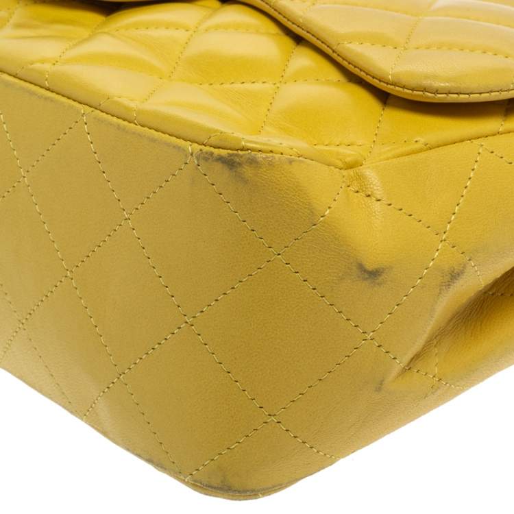 Pre Owned Chanel Yellow Quilted Leather Jumbo Classic Single Flap Bag