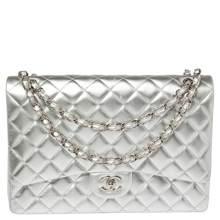 Chanel Metallic Silver Quilted Leather Maxi Classic Single Flap Bag Chanel  | The Luxury Closet