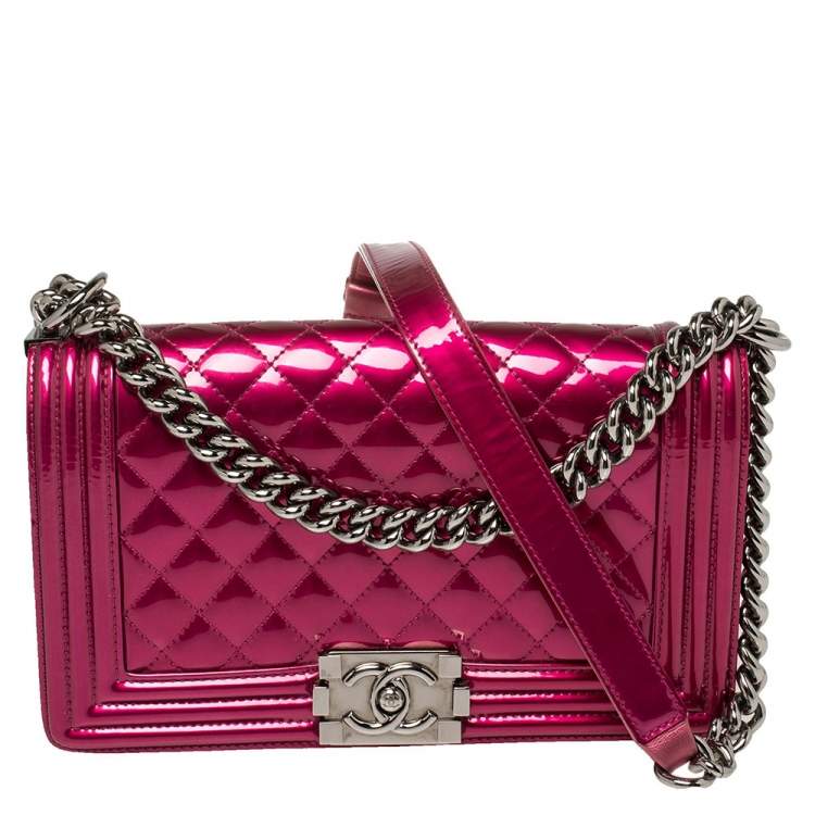 Chanel Pink Patent Leather Medium Chevron Quilted Boy Bag at