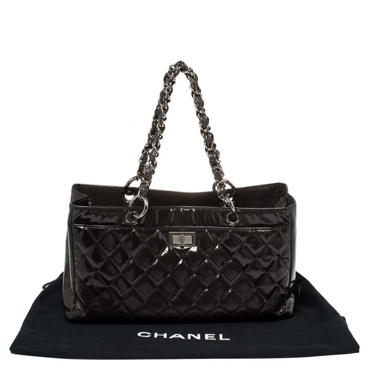 Pre Owned Chanel Dark Grey Quilted Patent Caviar Leather Reissue Tote