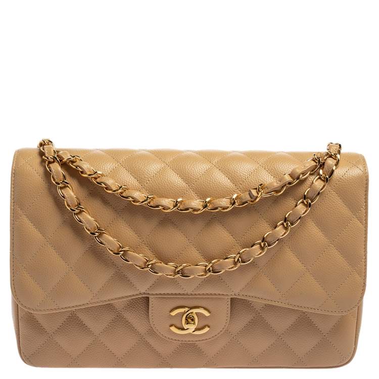 Chanel Beige Quilted Caviar Jumbo Vintage Classic Flap Bag 100