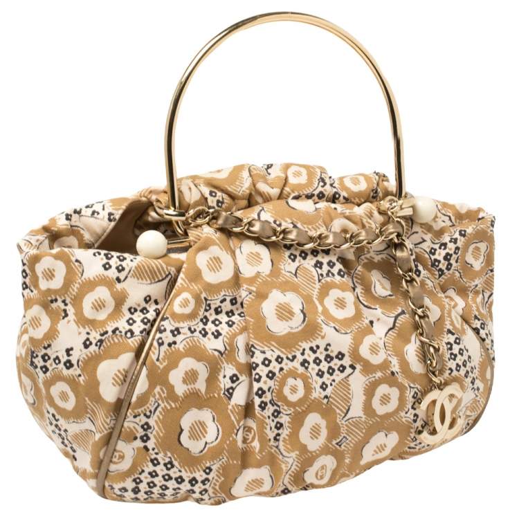 Pre Owned Chanel Tan/Beige Printed Canvas Metal Handle Hobo