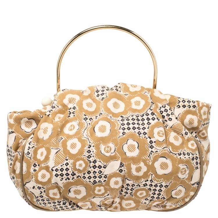 Pre Owned Chanel Tan/Beige Printed Canvas Metal Handle Hobo
