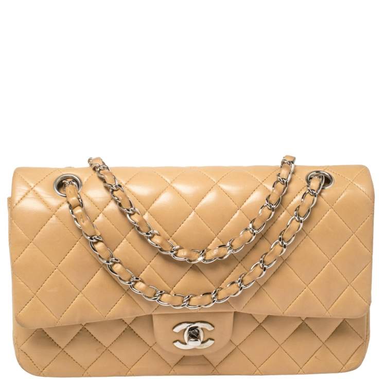 Chanel Beige Quilted Fabric Medium Classic Single Flap Bag