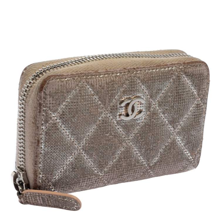 Pre Owned Chanel Metallic Beige Quilted Leather Zip Around Coin Purse