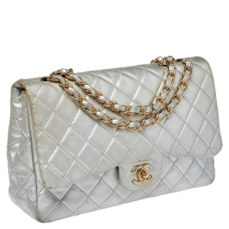 Pre Owned Chanel Silver Quilted Leather Jumbo Classic Single Flap Bag
