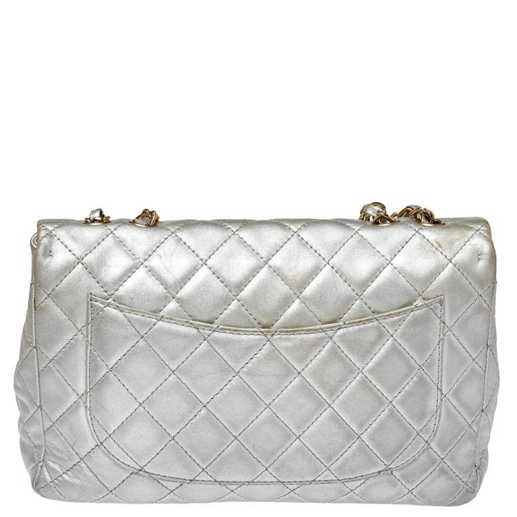 Pre Owned Chanel Silver Quilted Leather Jumbo Classic Single Flap Bag