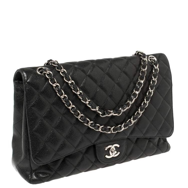 Pre Owned Chanel Black Quilted Caviar Leather Maxi Classic Single Flap Bag