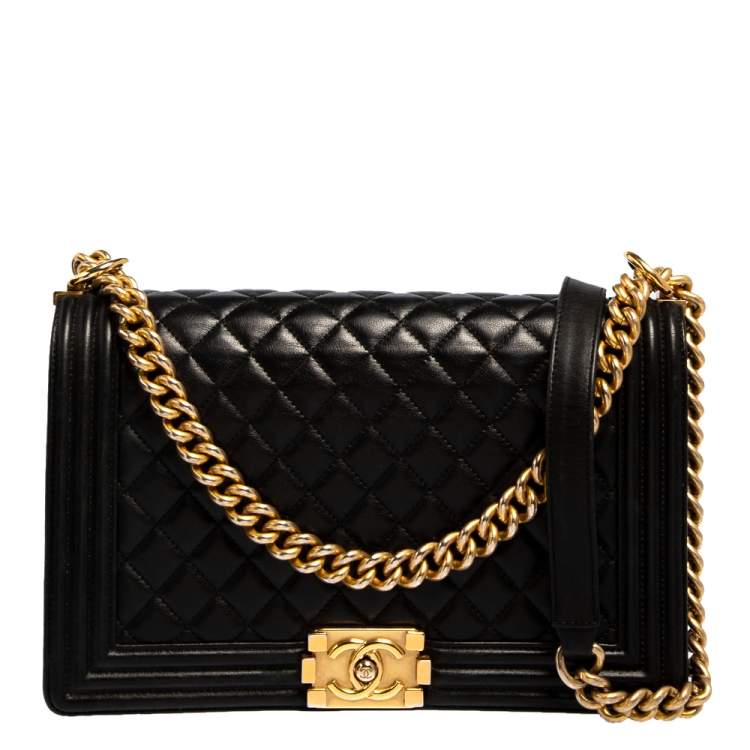 Handbags Chanel Chanel Black Quilted Lambskin New Medium Boy Flap Bag with Gold HARDWARE.