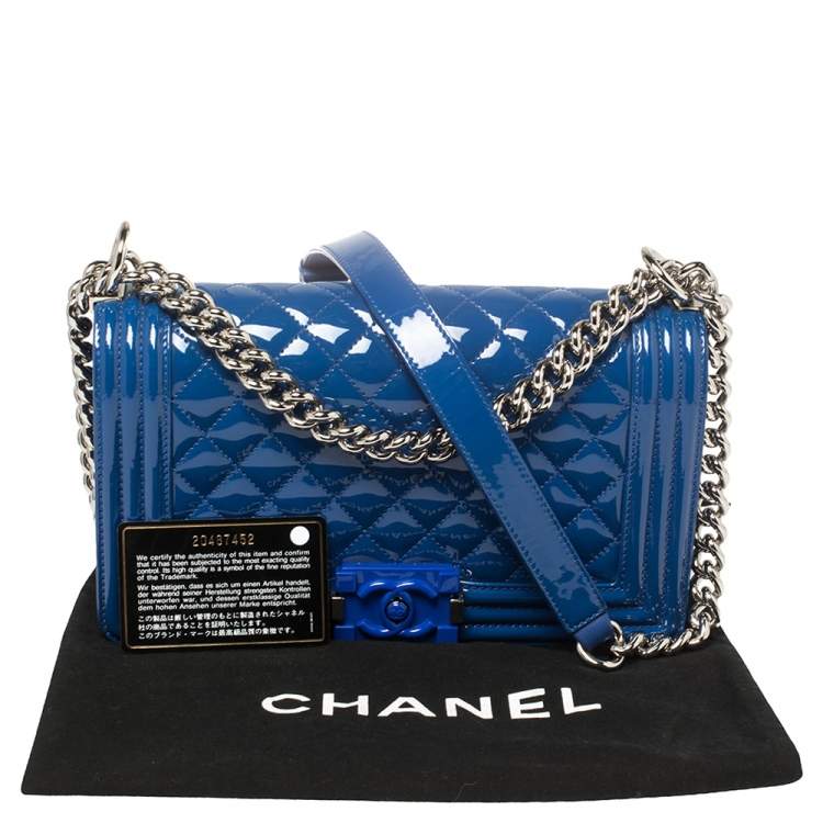 Pre Owned Chanel Blue Quilted Patent Leather Medium Plexiglass Boy Flap Bag