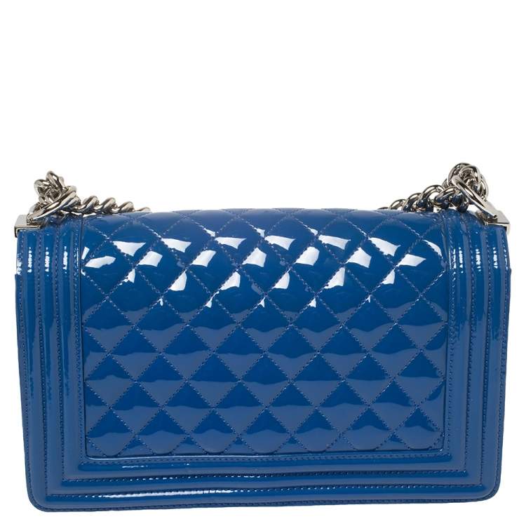 Pre Owned Chanel Blue Quilted Patent Leather Medium Plexiglass Boy Flap Bag
