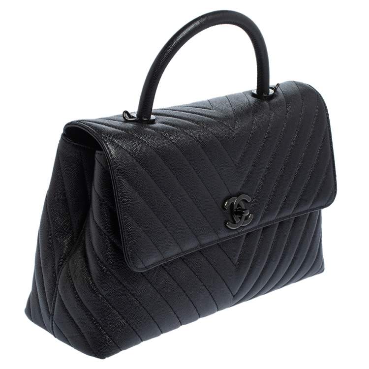 Chanel Black Chevron Leather Large Coco Top Handle Bag Chanel The