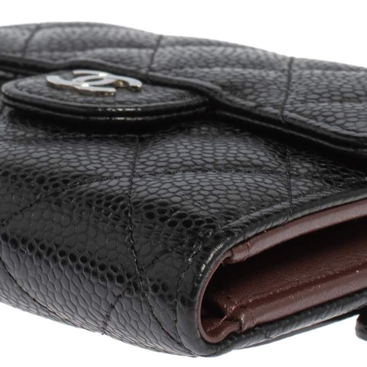 Pre Owned Chanel Black Caviar Quilted Leather Trifold Flap Wallet