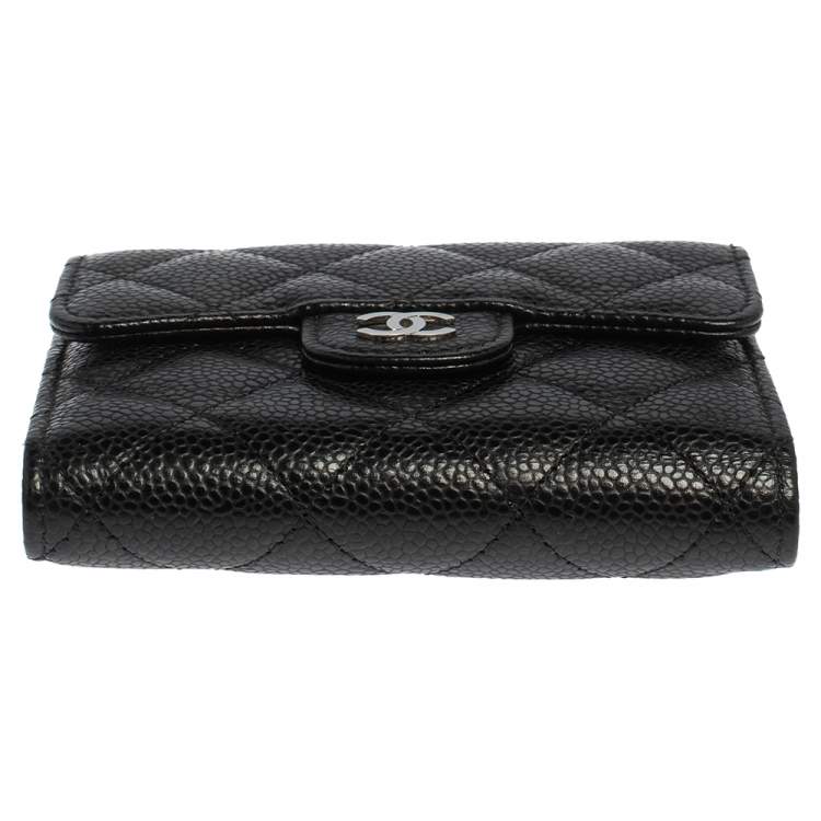 Pre Owned Chanel Black Caviar Quilted Leather Trifold Flap Wallet
