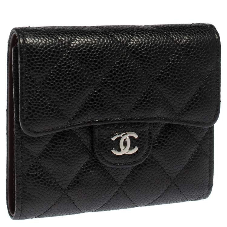 Pre Owned Chanel Black Caviar Quilted Leather Trifold Flap Wallet
