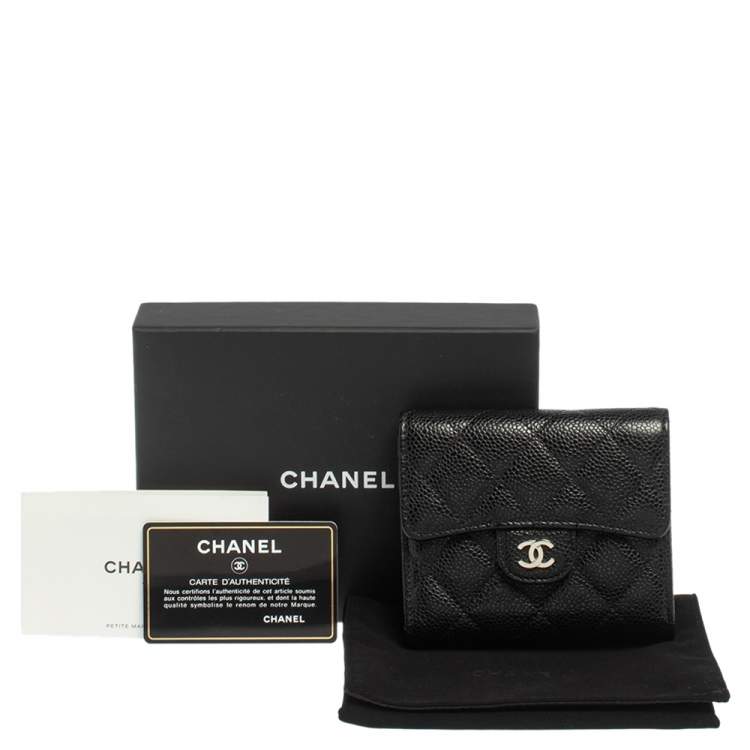 Pre Owned Chanel Black Caviar Quilted Leather Trifold Flap Wallet