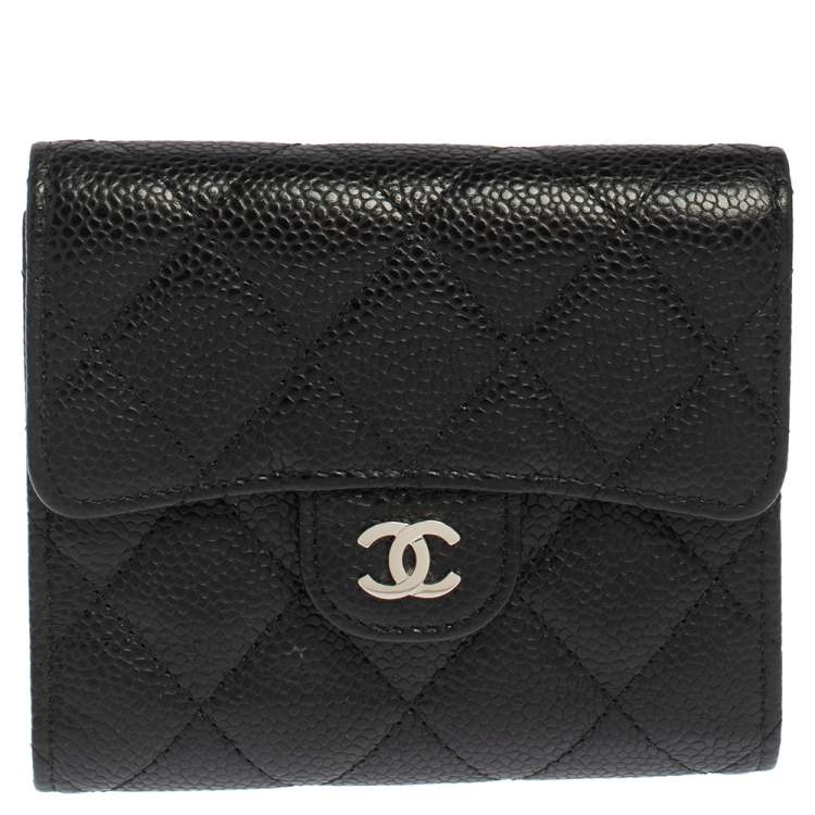 Pre Owned Chanel Black Caviar Quilted Leather Trifold Flap Wallet