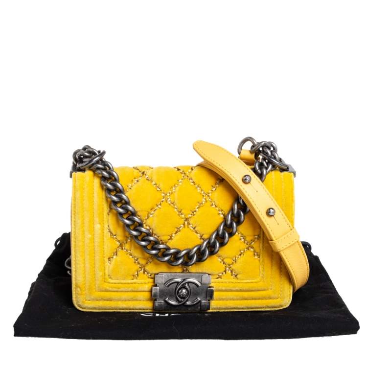 Pre Owned Chanel Yellow Quilted Velvet Small Boy Flap Bag