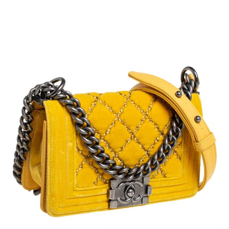 Pre Owned Chanel Yellow Quilted Velvet Small Boy Flap Bag