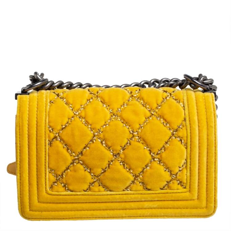 Pre Owned Chanel Yellow Quilted Velvet Small Boy Flap Bag