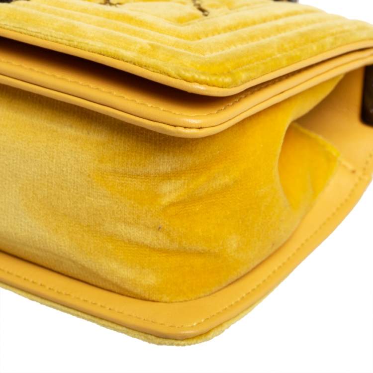 Pre Owned Chanel Yellow Quilted Velvet Small Boy Flap Bag