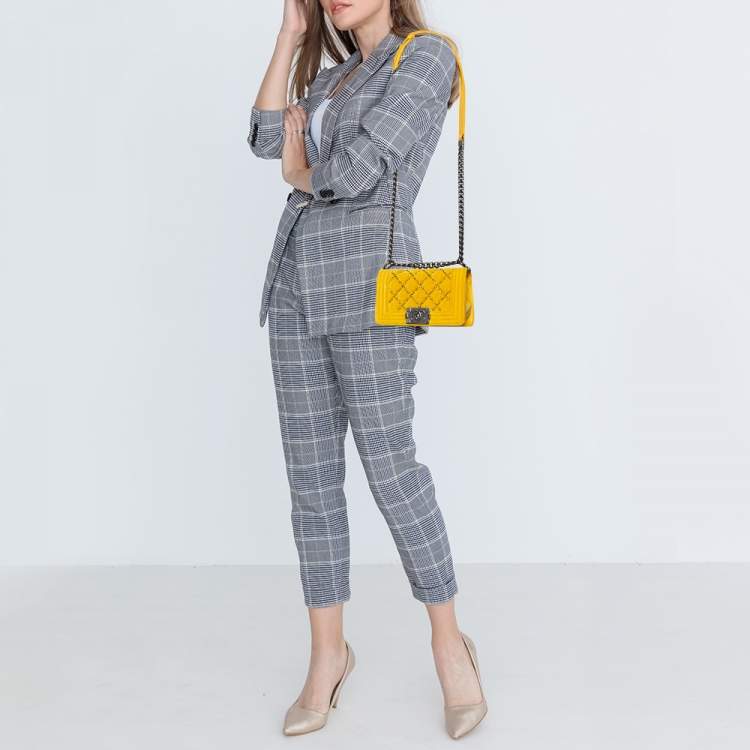 Pre Owned Chanel Yellow Quilted Velvet Small Boy Flap Bag