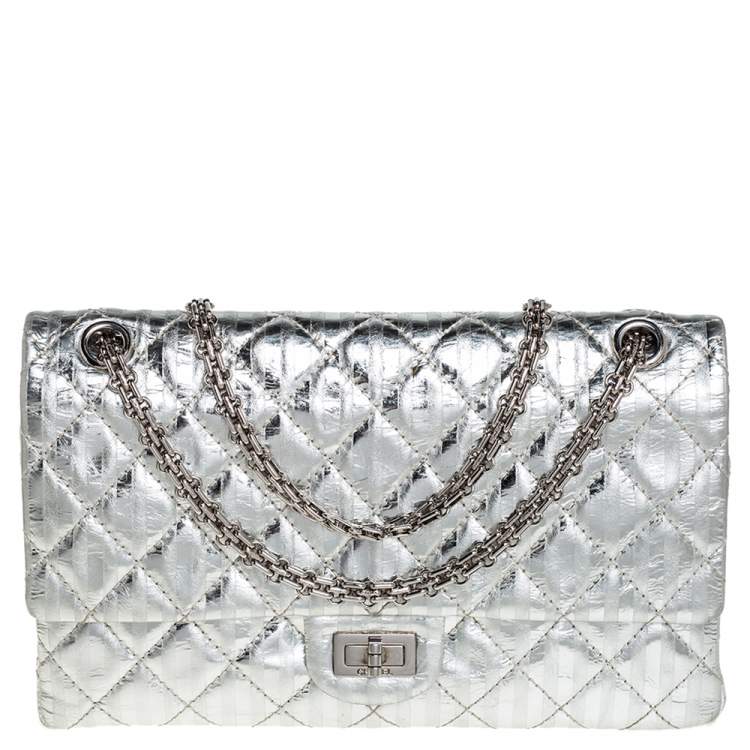 Chanel Silver Metallic Striped 2.55 Reissue Quilted Classic Calfskin Leather  227 Jumbo Flap Bag - Yoogi's Closet