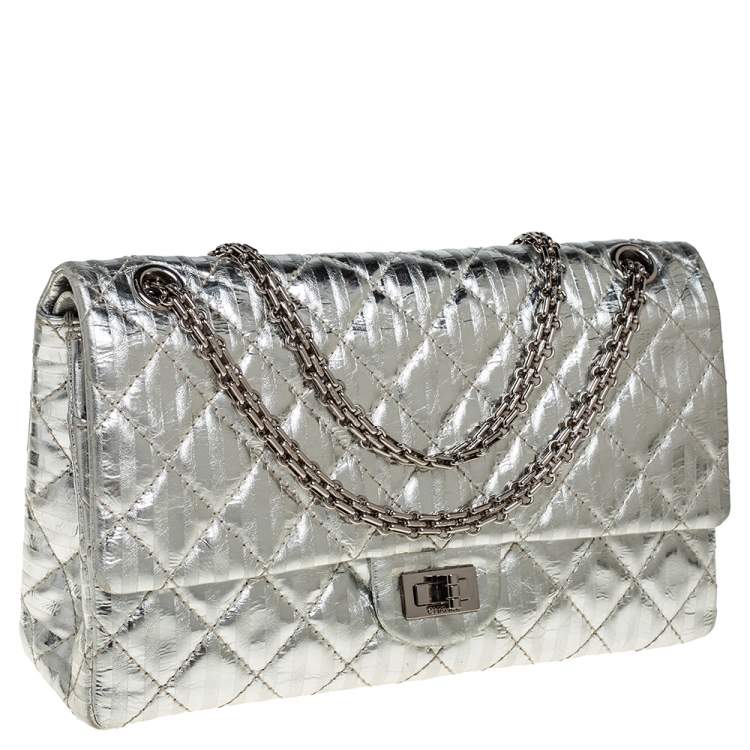 Pre Owned Chanel Silver Striped Quilted Leather Reissue 2.55 Classic 226 Flap Bag