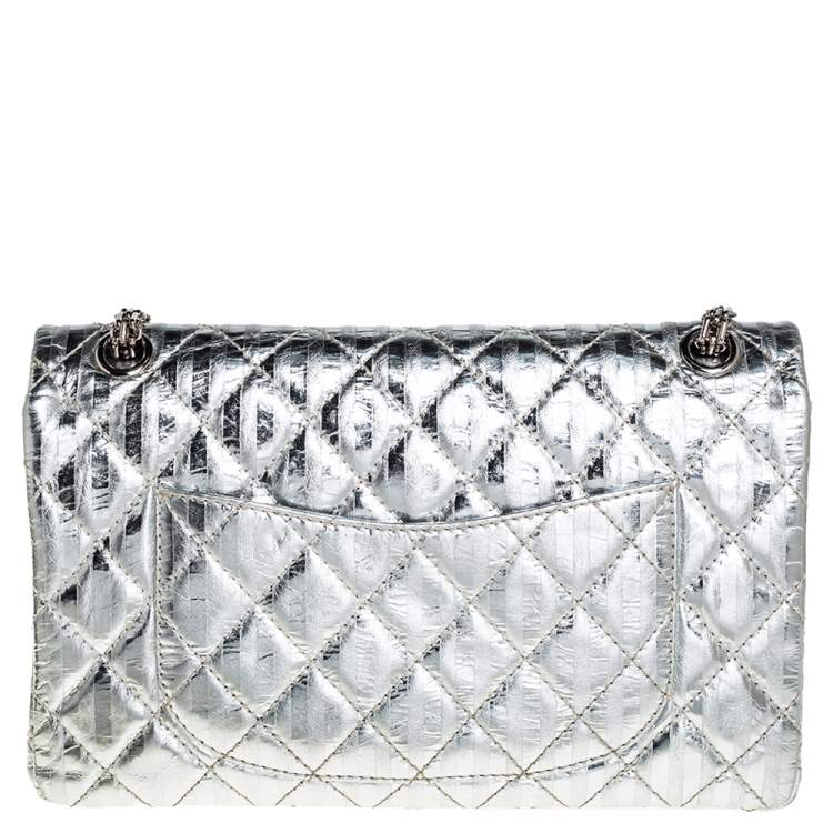 Pre Owned Chanel Silver Striped Quilted Leather Reissue 2.55 Classic 226 Flap Bag