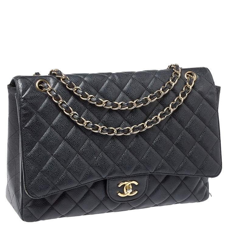 Pre Owned Chanel Black Quilted Caviar Leather Maxi Classic Single Flap Bag