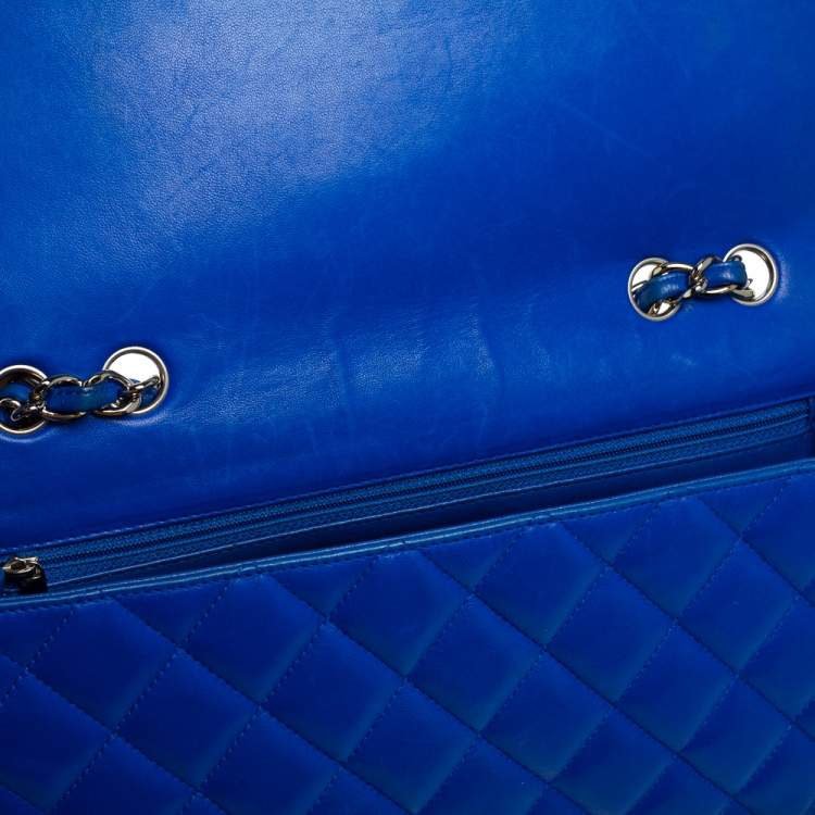 Pre Owned Chanel Blue Quilted Lambskin Leather Jumbo Classic Single Flap Bag