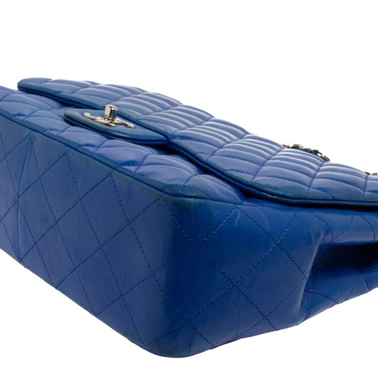 Pre Owned Chanel Blue Quilted Lambskin Leather Jumbo Classic Single Flap Bag