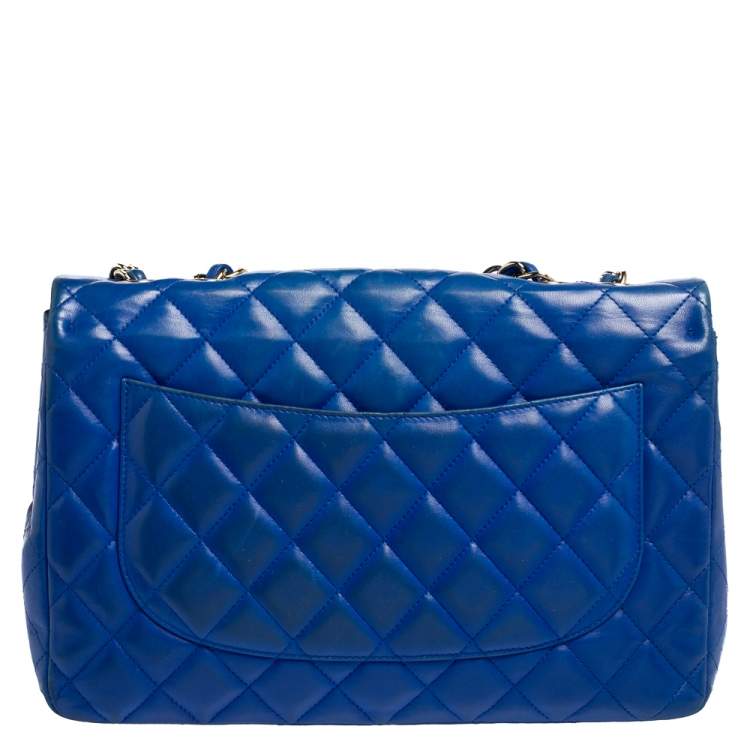 Pre Owned Chanel Blue Quilted Lambskin Leather Jumbo Classic Single Flap Bag