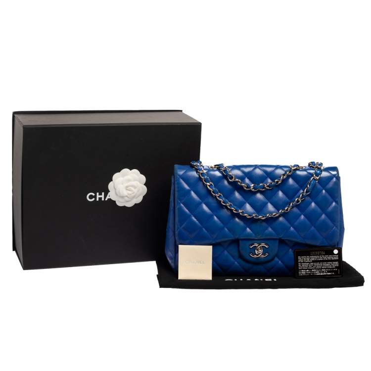 Pre Owned Chanel Blue Quilted Lambskin Leather Jumbo Classic Single Flap Bag