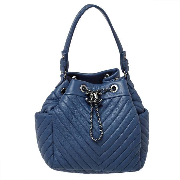 Chanel Blue Chevron Leather Drawstring Bucket Bag Chanel