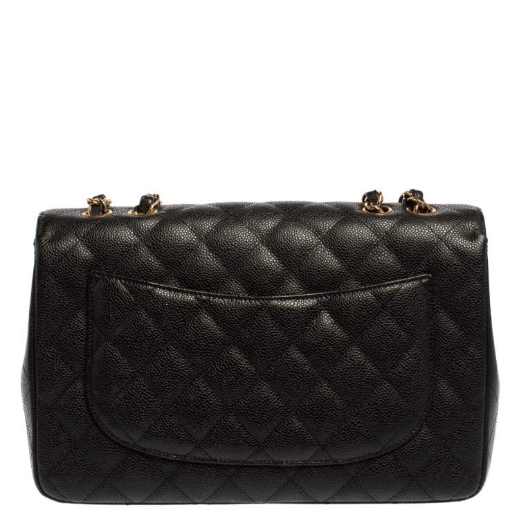 Pre Owned Chanel Black Quilted Caviar Leather Jumbo Classic Single Flap Bag