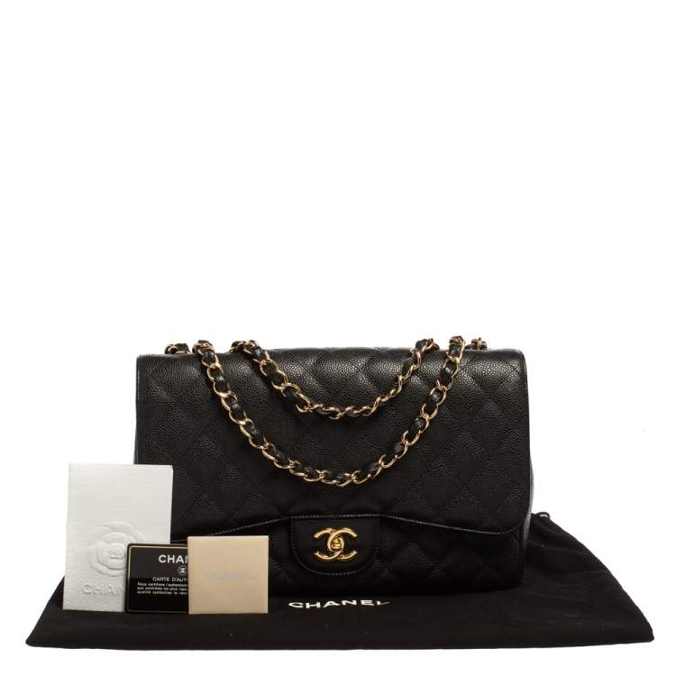 Pre Owned Chanel Black Quilted Caviar Leather Jumbo Classic Single Flap Bag