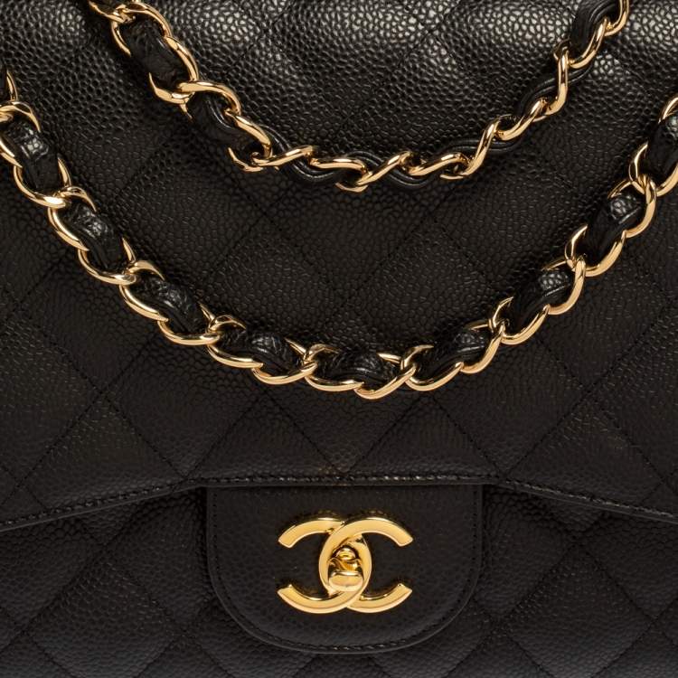 Pre Owned Chanel Black Quilted Caviar Leather Jumbo Classic Single Flap Bag