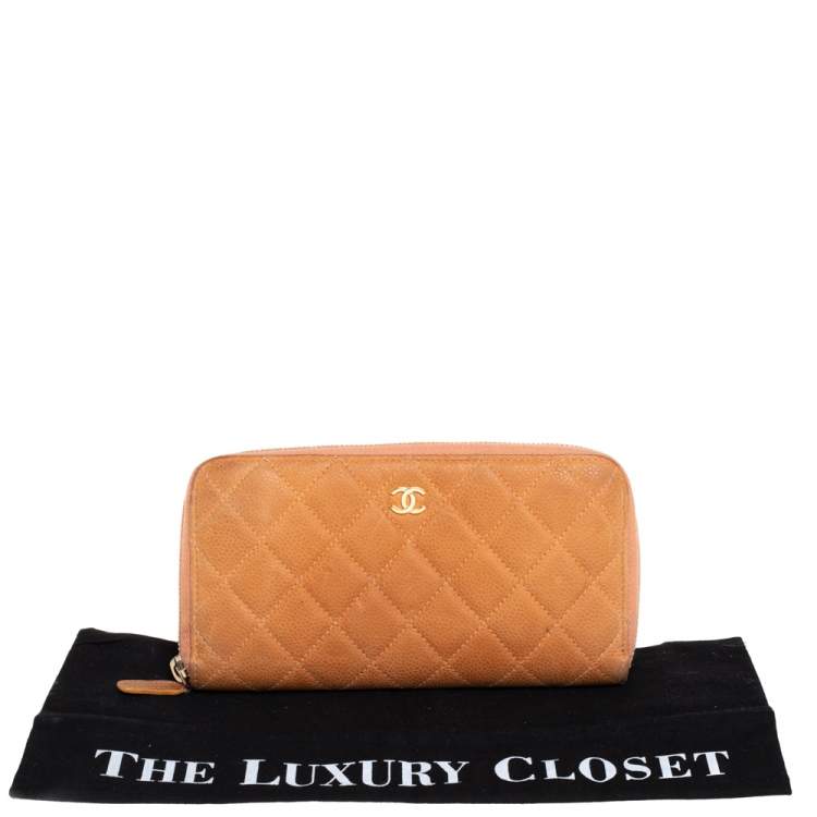Pre Owned Chanel Orange Quilted Caviar Suede CC Zip Around Wallet