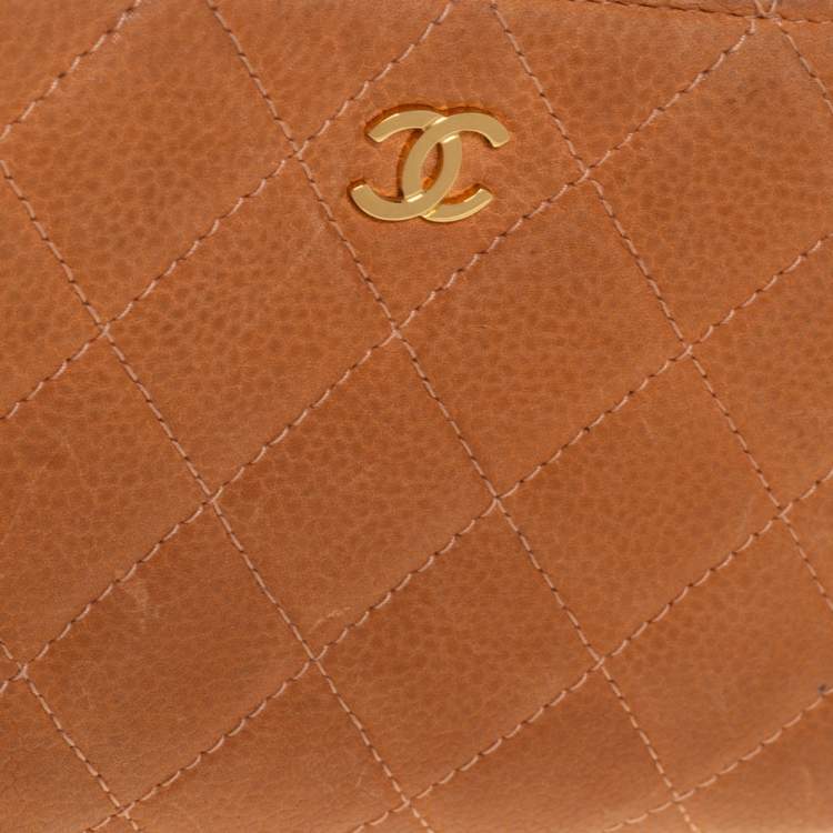 Pre Owned Chanel Orange Quilted Caviar Suede CC Zip Around Wallet