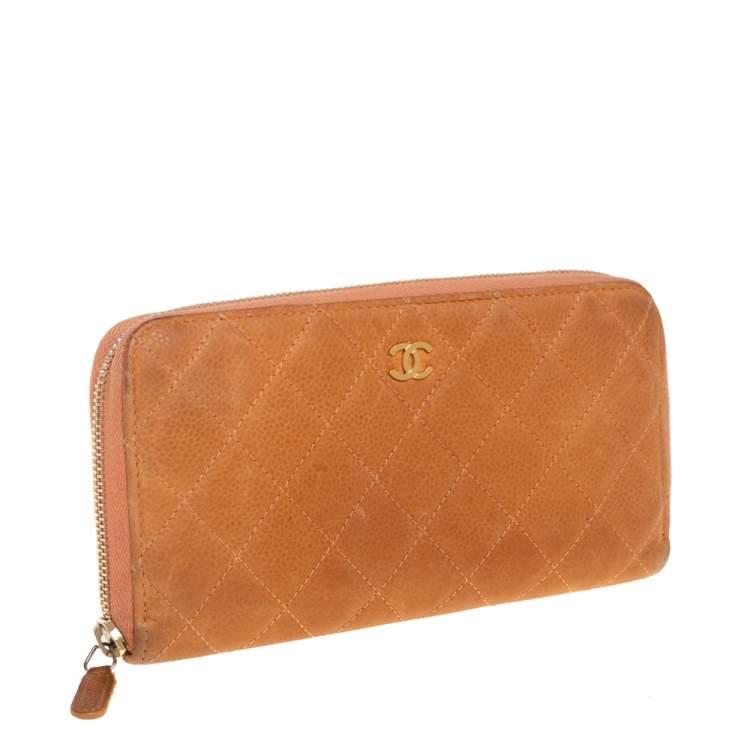 Pre Owned Chanel Orange Quilted Caviar Suede CC Zip Around Wallet
