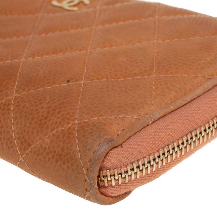 Pre Owned Chanel Orange Quilted Caviar Suede CC Zip Around Wallet
